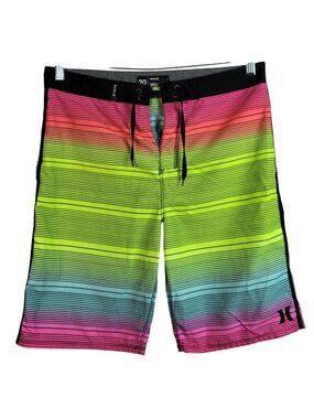 Hurley Boys Neon Striped Board Shorts Swim SZ 20 Trunks Pull On Pocket Unlined